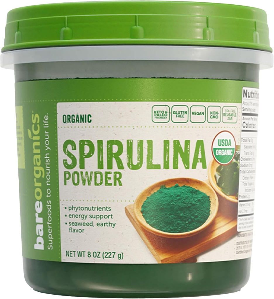 BareOrganics spirulina powder (Raw - Organik), 8 ons (pak 1)