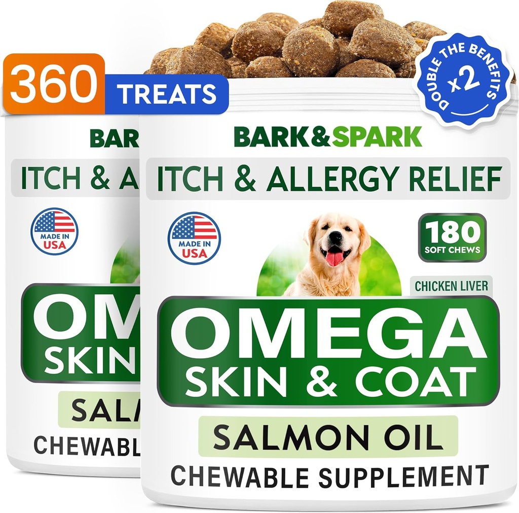 BARK&SPARK (pack of 2 Omega 3 for Psi - 360 Fish Oil Chews for Dog Shedding, Skin Alergy, Ich Relief, Hot Spots Treatment - Joint Health - Skin & Coat Supplement - EPA&DHA Mastné kyseliny