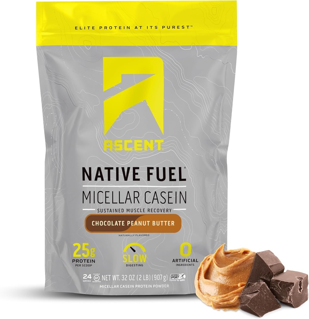 Ascent Casein Protein Powder - 25g Micellar Casein Powder Zero Flavors & Sweeteners, Gluten Free, No Added Sugar, 4,9g BCAA, 2.2g Leucine - Txokolatezko Peanut Butter, 2 libra