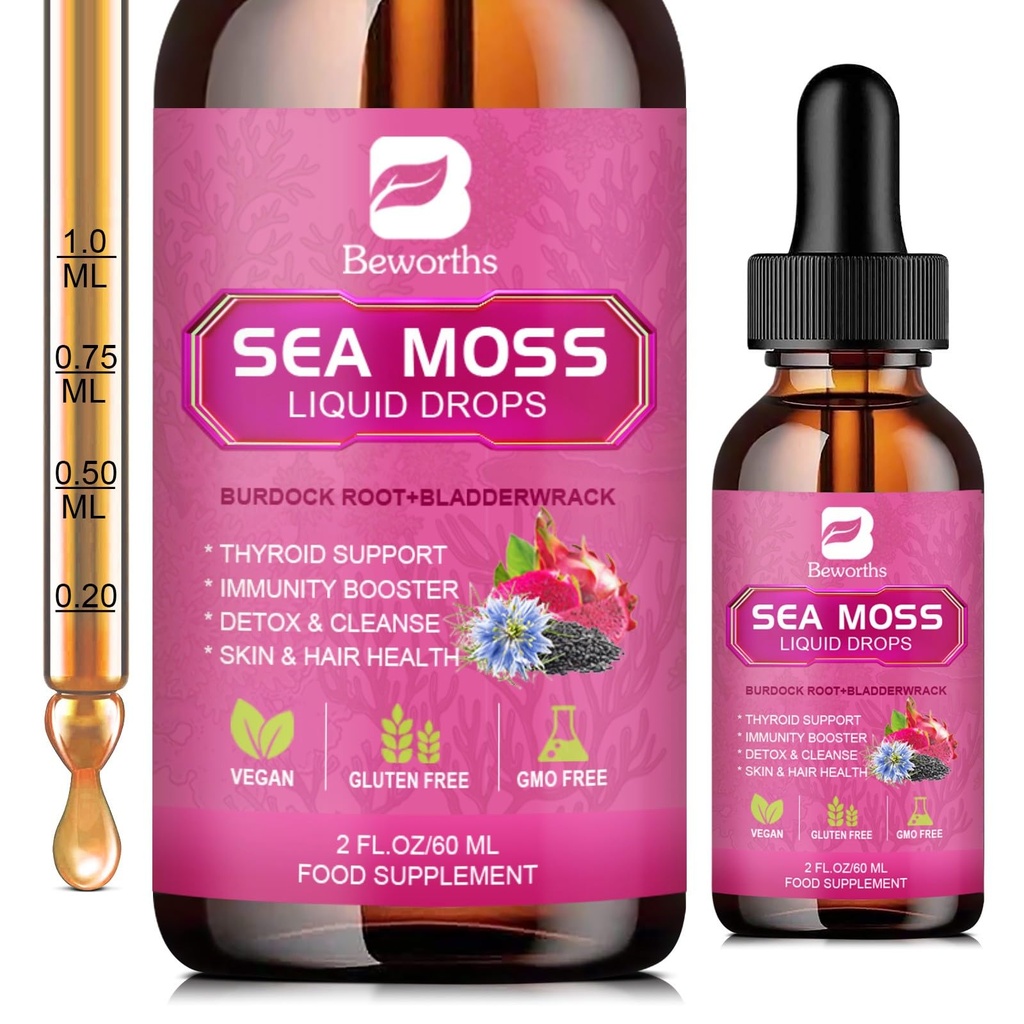 Sea Moss Liquid Drops - Organic Irish Sea Moss with Black Seed Oil, Ashwagandha, Soursop, Bladderwrack, Burdock Root, Elderberry, Turmeric | Seamoss for Immune Support, Energy, Hair & Digestion -Vegan