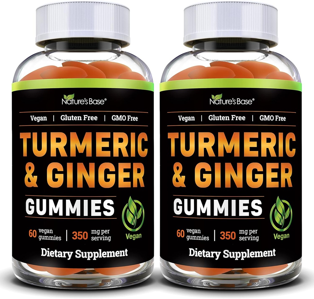 Baza de naturi Turmeric și Gume de ghimbir pentru adulți (2 ambalaj) - Tumeric Curcumin Supliment pentru a sprijini sănătatea comună și sprijinul imun - 120 Vegan Gummies