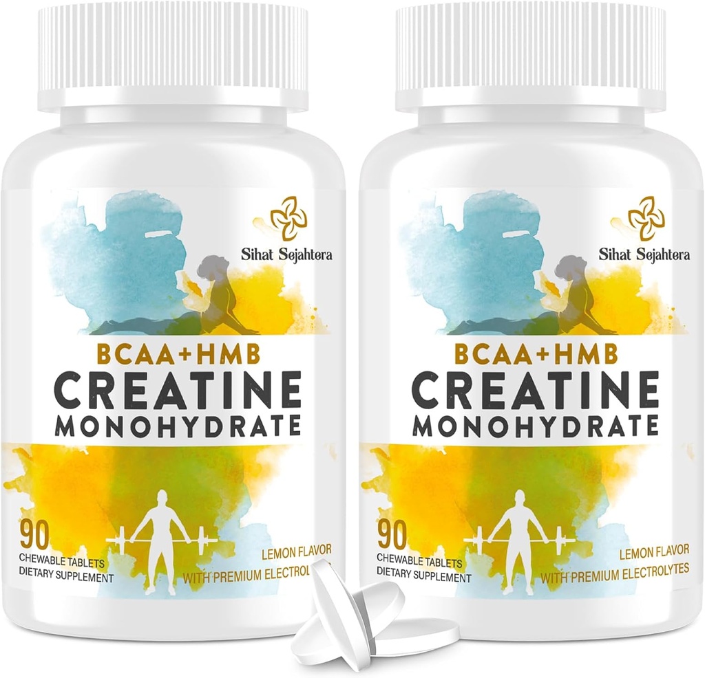 8-in- 1 Creatine Monohydrate dengan BCAA & HMB, 5000 mg untuk Pria & Women, Creatine Chews untuk Muscle, Recovery, Endurance & Kekuatan, Absorpsi Tinggi, Lemon Flavor, Sugar- Bebas, 180 tablet