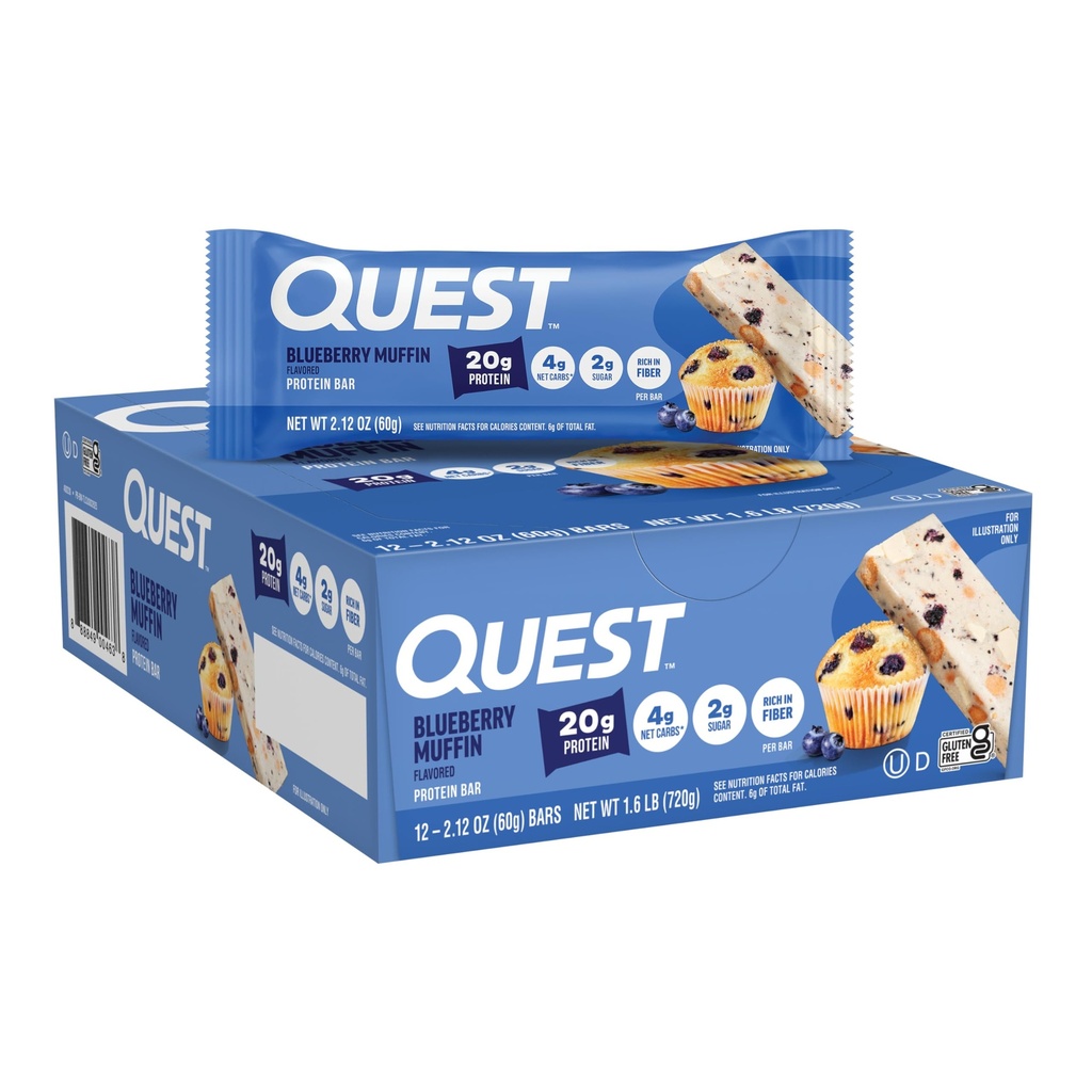 Quest Nutrition Blueberry Muffin Protein Bars, 20g Protein, 2g Sugar, 5g Net Carb, High Fiber, Gluten Free, Keto Friendly, 12 Count