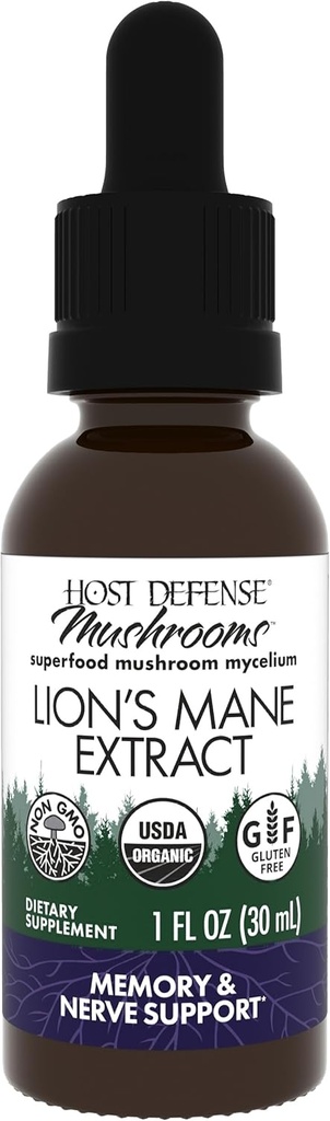 Host Defense Mushrooms Lion 's Mane Extract - Lion' s Mane Liquid Supplement for Brain Health - Mushroom Support for Focus & Memory Function - Immune & Nerwowy System Support - 1 fl oz (30 Sług) *