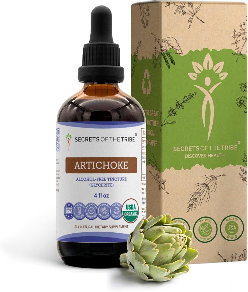 Segredos da Tribo Artichoke USDA orgánico | Extracto sen alcohol, caídas de herbas de alta potencia | Made from 100% Certified Organic Artichoke (Cynara scolymus) Dried Leaf 4 oz