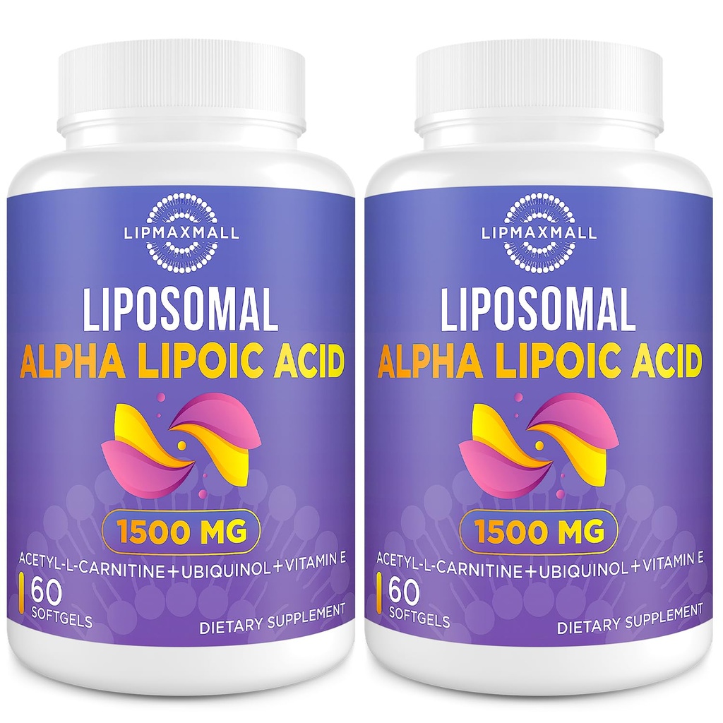 lipmaxmall Liposomal Alpha Lipoic Acid 1500mg - with Acetyl-L-Carnitine 900mg & Ubiquinol 100mg & Vitamin E 15mg，ALA Supplement for Antioxidants Glucose Metabolism Nerve Energy,60 Softgels (2 Bottle)