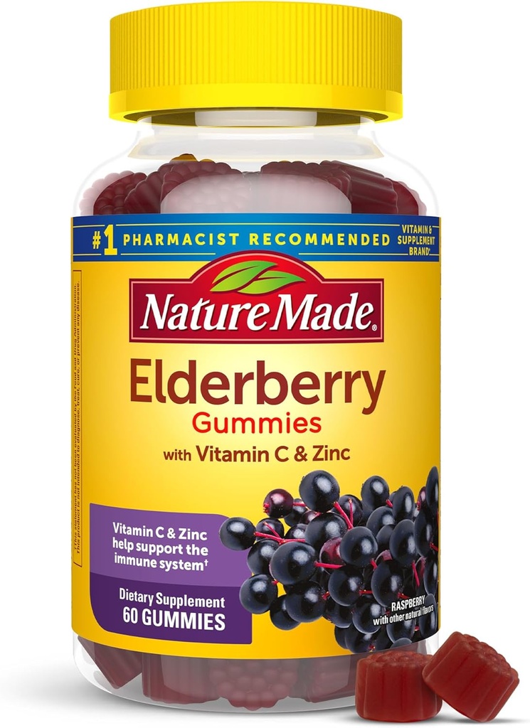 La natura va fer que Elderberberry amb Vitamina C i Zinc, Dietary suplementari per a la implementació de l'Immune, 60 Chaberry Gbytes, 30 dies de camp