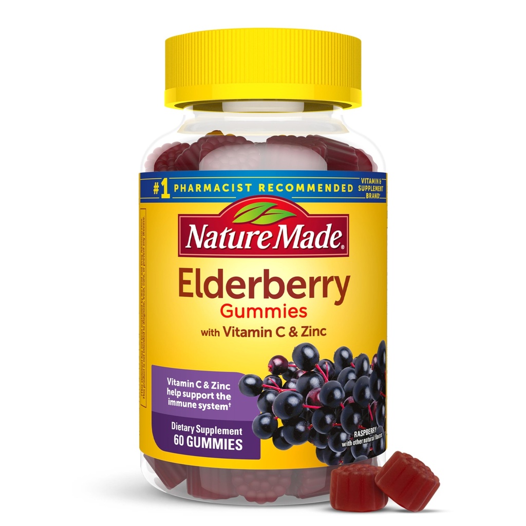 Nature Made Elderberry Gummies with Vitamin C and Zinc, Dietary Supplement for Immune Support, 60 Elderberry Gummies, 30-Day Supply