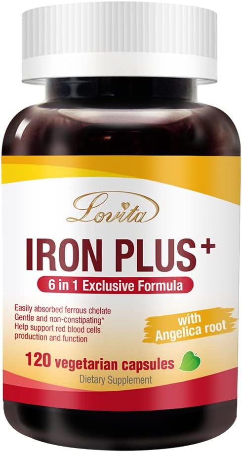 Lovita Iron 18 mg, 6 en 1 Suplemento de Hierro para Mujeres, Vitamina C, Dong Quai & B12, Vitamina Vegana para apoyar la producción de células rojas sin estreñimiento, 120 cápsulas