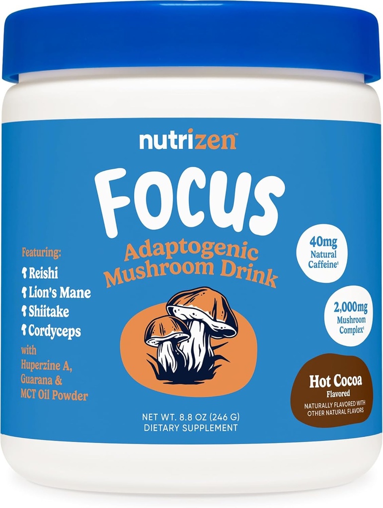 Nutricost Nutrizen AM Focus Adaptogenic Mushroom Drink (Hot Cocoa Flavored) 30 Сервий - Включает Рейши, Львиную гриву, Шиитаке, Кордицепс