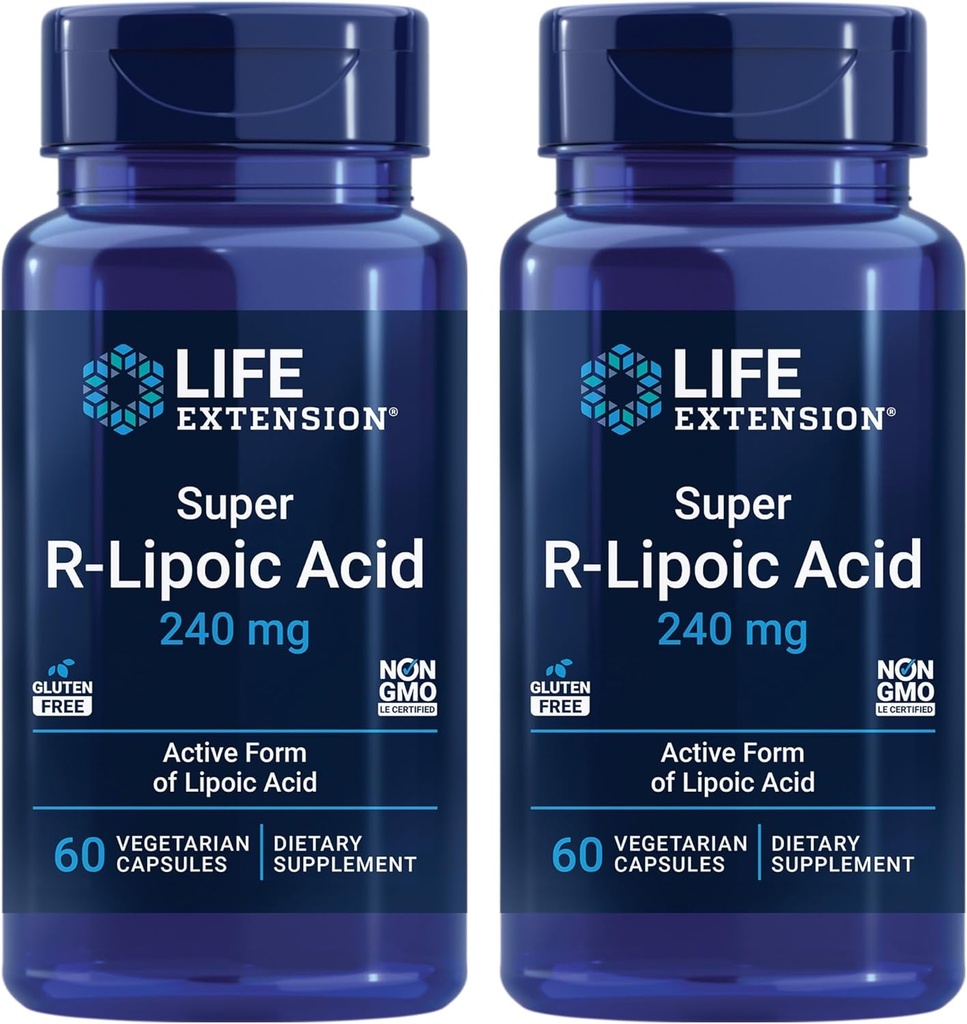 Extension de vie Super acide R-lipoïque – Vieillissement sain, défense contre le stress oxydatif – avec 240 mg de R-forme active de l'acide R-lipoïque – Sans gluten – Non-OGM – Végétarien – 60 Capsules (2 Pack)