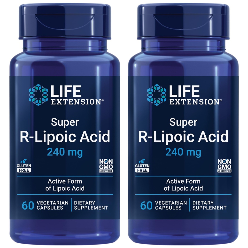 Life Extension Super R-Lipoic Acid, Healthy Aging, oxidative Stress Defense, with 240 mg Active R-Form, Gluten-Free – Non-GMO – Vegetarian – 60 Capsules (Pack of 2)