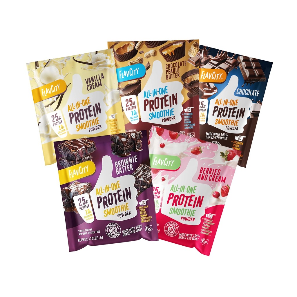 FlavCity All in One Protein Shake Powder Packets - On the Go Meal Alternative + 25g Protein & 10g Collagen, Made with Organic Reishi & Cordyceps Mushrooms - No Added Sugars, Variety 10 Pack