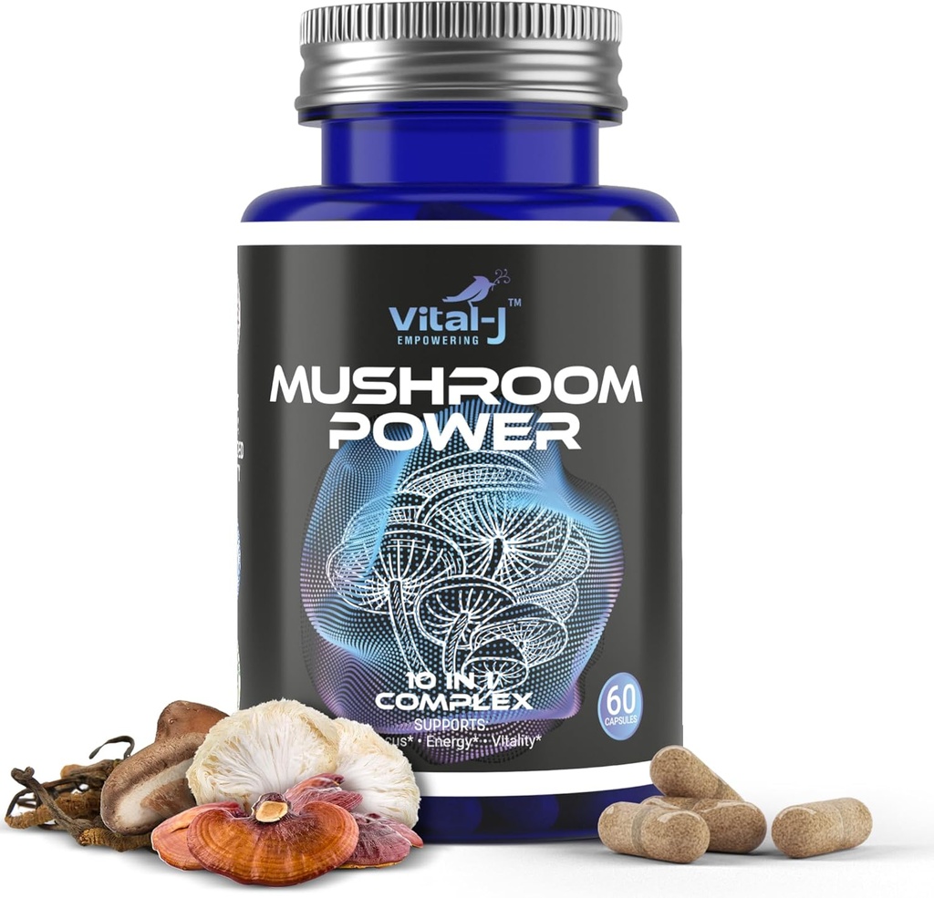 Mushroom Power Complex 10in-1 W/Cordyceps, Reishi, Shiitake & Lions Mane, Nootropic Dietary תוסף עבור Gut Microbiome, Focus, Energy & Vitality - 60 קפסולות
