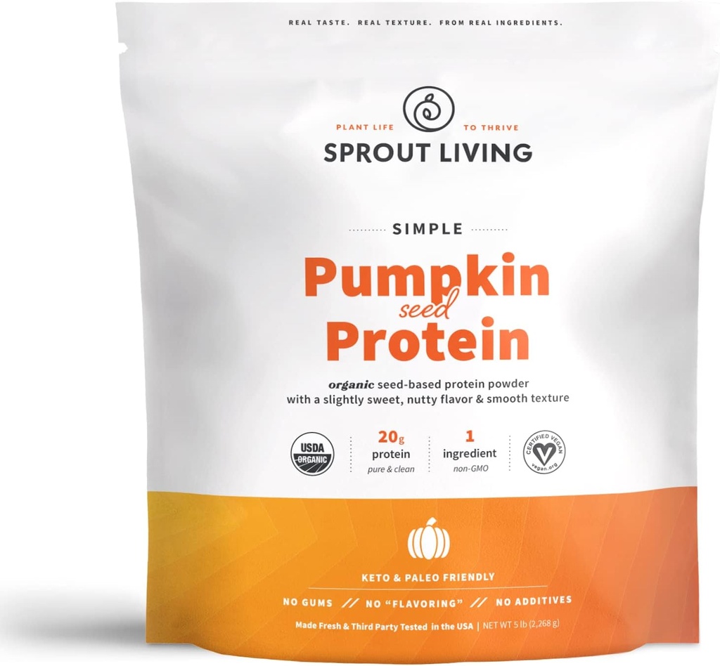 Sprout Living Simple Pumpkin Seed Proteine Powder, 20 Grams Organic Plant Pe bază de praf de proteine fără îndulcitori artificiale, non-GMO, Vegan, Gluten gratuit, Keto Drink Mix (5 Lire)