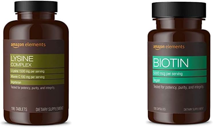 Elements Lysine Complex with Vitamin C (1500 mg L-Lysine with 100 mg Vitamin C per Serving - 3 Tablets), Supports Имунно здраве, Вегетарианска, 195 Count (Packaging may differy) and Elements Vegen Biotin 5000 mcg - Hair, Skin, Nails, 130 капсули (4 месеца доставка) (Packaging may differy)