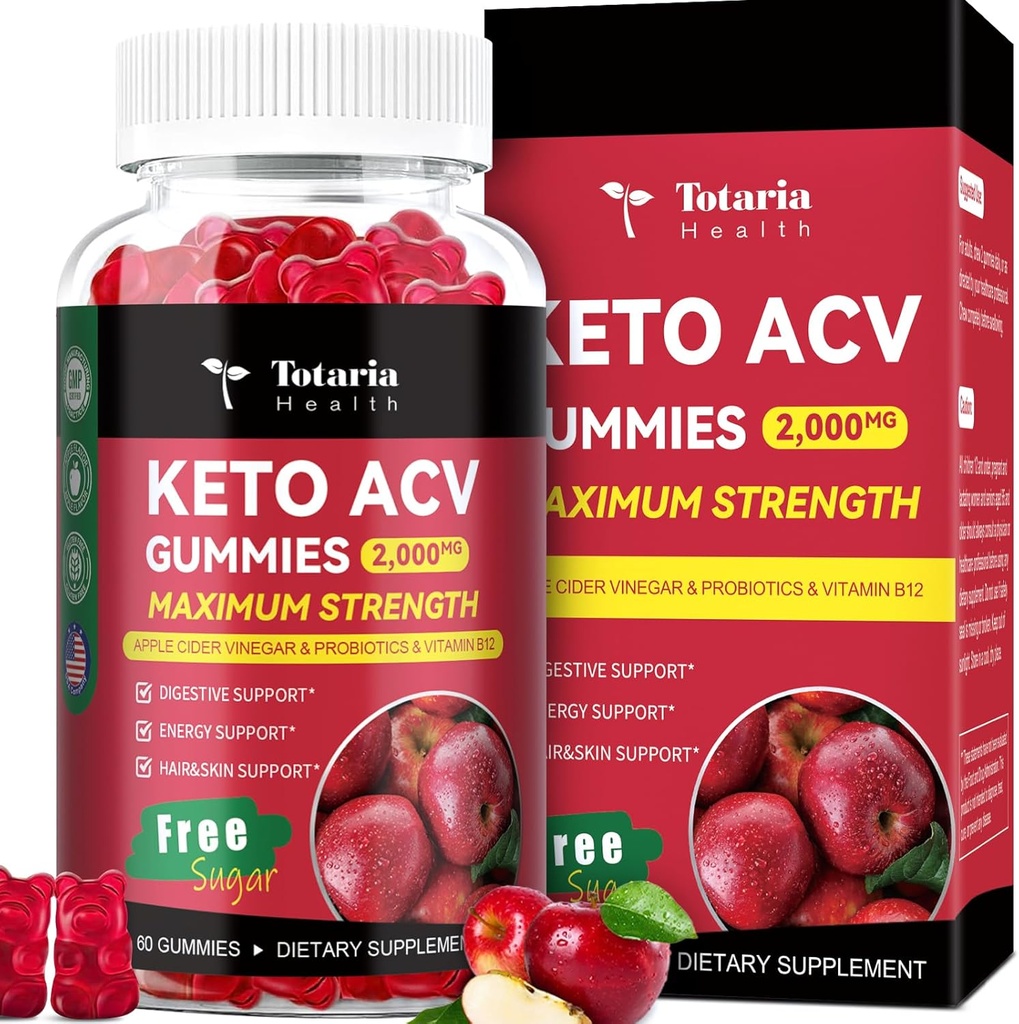 Totaria Keto ACV Gummies - 2000mg Apple Cider Vinegar Gummies Sugar-Free Support Stature Health med probiotika, B12, Keto Supplements för kvinnor och män, 60 grejer
