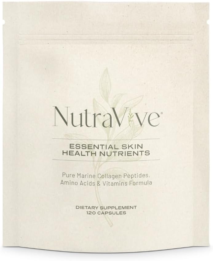 NutraVive Essential Skin Health Nutrientes – Hidrolisado Morikol® Peptídeos de Colágeno Marinho, Aminoácidos e Vitaminas - Promova firme, reduzir rugas e melhorar a elasticidade da pele - 120 Cápsulas
