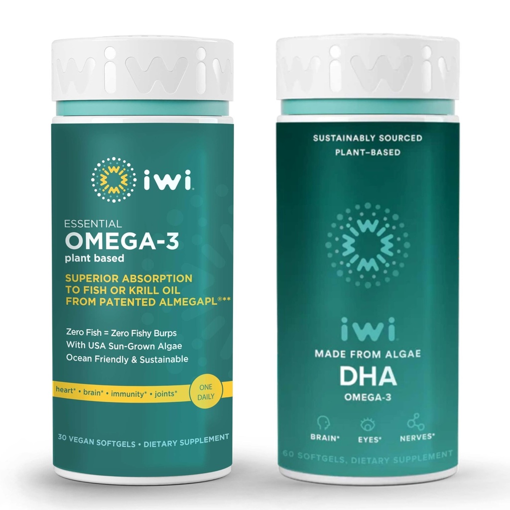 Iwi Omega-3 Essential & DHA Omega-3 Bundle, 30 Servings, Vegan Plant-Based Algae Omega 3, Krill & Fish Oil Alternative, No Fishy Aftertaste