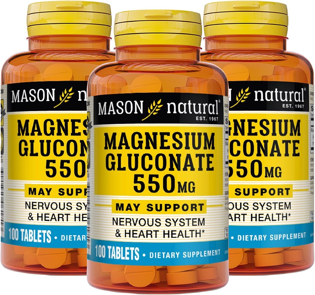 Mason Natural magnesio Gluconate 550 mg, 300 Day Supply for Normal Healthy Heart and Nervous System Support, 100 Tablets (Pack of 3)