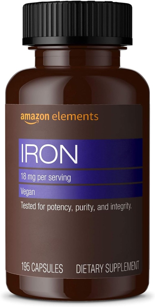 Elementos Iron 18mg Capsules, apoya la producción de células rojas de sangre, Vegan, 195 Conde, suministro de 6 meses (Paquete puede variar)