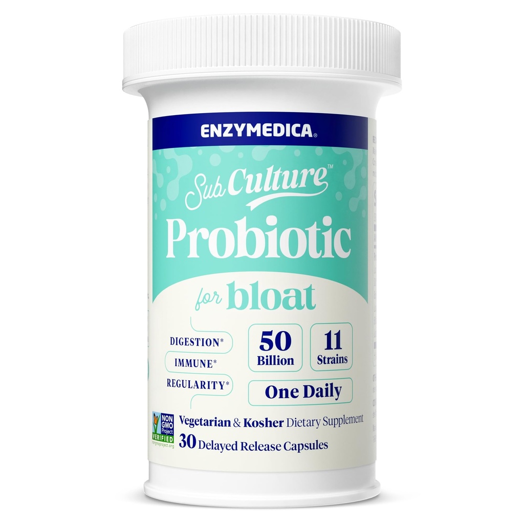 Enzymedica SubCulture Probiotic for Bloat & Digestive Health - Probiotic Supplement Capsules for Women & Men, 50 Billion CFU, Gut Health Support for Adults, Helps Occasional Gas & Bloating - 30 Caps