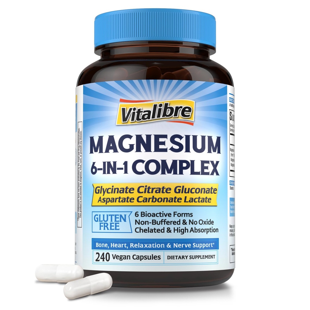 Vitalibre 6 in 1 Magnesium Complex for Women Men, 260mg Elemental Magnesium | Max Absorption | Chelated Magnesium Supplement for Bone, Relaxation & Nerves Support | Non-GMO, 240 Vegan Capsules