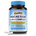 Vitalibre 6 in 1 Magnesium Complex for Women Men, 260mg Elemental Magnesium | Max Absorption | Chelated Magnesium Supplement for Bone, Relaxation & Nerves Support | Non-GMO, 240 Vegan Capsules