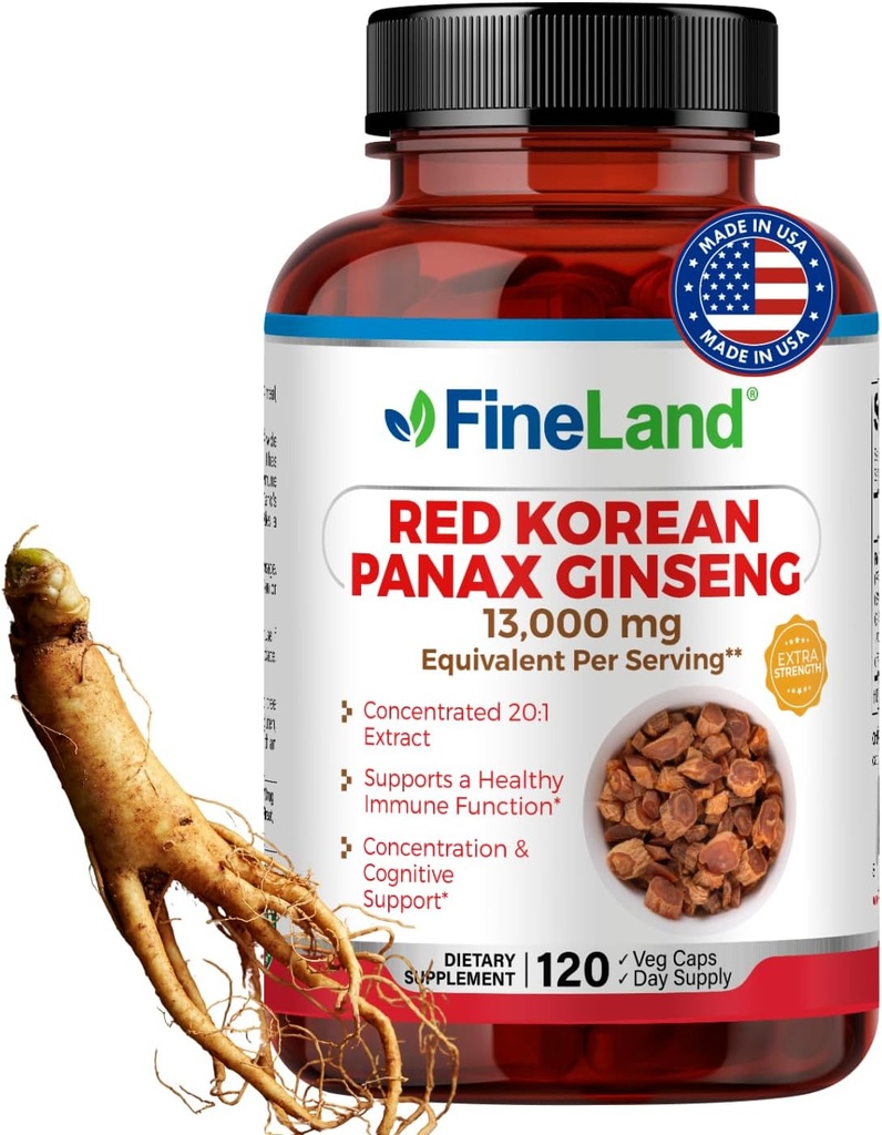 VanLand Red Korean Panax Ginseng 13,000 mg - Max Strength 20:1 Extract - Concentrated Immune ' Cognitive Support supplement for Men " Women - 120 Veggie Capsules