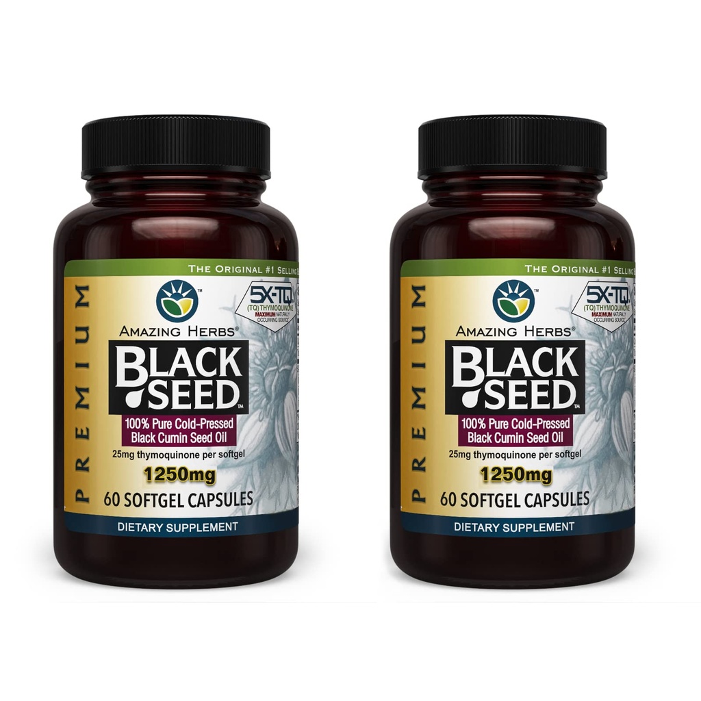 Amazing Herbs Premium Black Seed Oil Capsules - High Potency, Cold Pressed Nigella Sativa Aids in Digestive Health, Immune Support & Brain Function - 60 Count, 1250mg (60 Count (Pack of 2))