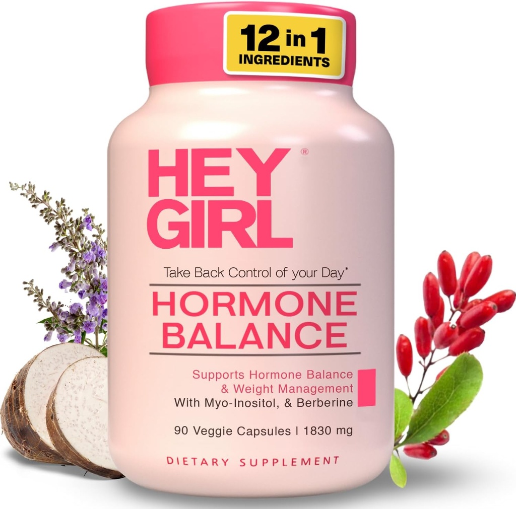 Hey Girl Hormone Balance per le donne – 12in1 per Menopause, PCOS, PMS, Mood, Flash caldo, Supporto ormonale – w Myo-Inositol, Berberine, Maca Root, Black Cohosh, DIM, Dong Quai