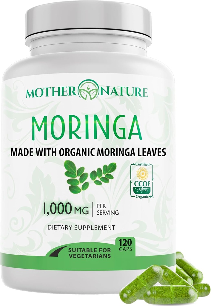 Mother Nature Organics Moringa Capsules – Organic Moringa Leaf Powder, Single Origin, Energy & Immune Support, Metabolismo, Focus, Vitamina C – Vegan, 500mg, 120 cápsulas