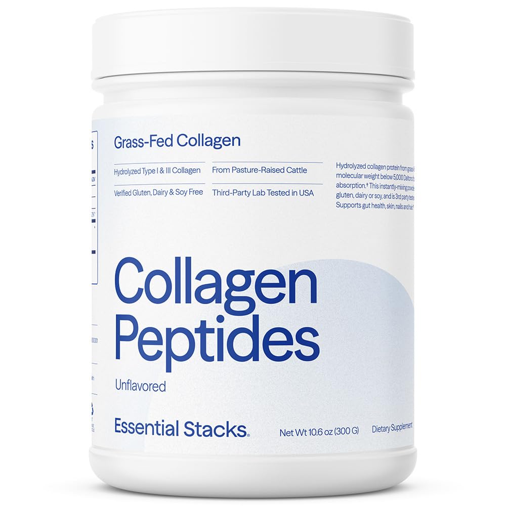 Essential Stacks Collagen Peptides Powder (from Grass Fed Cattle) - Gluten, Dairy & Soy Free - Unflavored Hydrolyzed Collagen Supplement (10.6 oz)