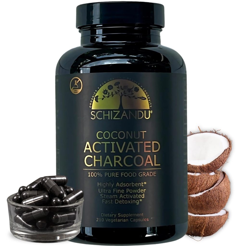 Schizandu Activated Coconut Charcoal Capsules – Vegan, Organic, Non-GMO, No Additives – 210 Count, X-Large Bottle