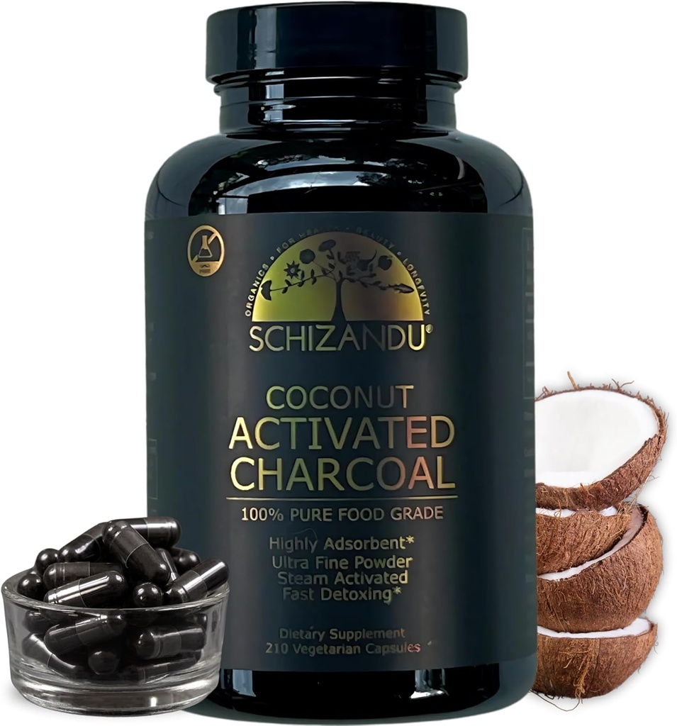 Schizandu Activated Coconut Charcoal Capsules- Unterstützt Gesundheit - Vegan, Organic, Non-GMO, No Additives - X-Large Flasche 210 Count