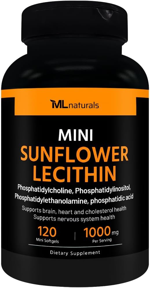 ML Naturals Mini Solflower Lecithin 1000 mg 120 Softgels, lett å svelge, støtter hjernens helse. Ikke-GMO, NSF-sertifisert og cGMP-Compliant