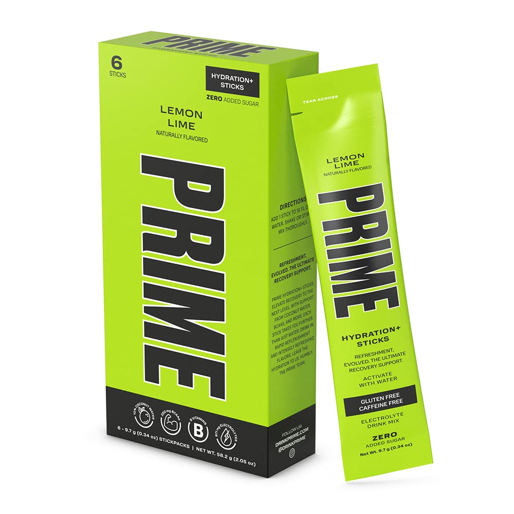 PRIME HYDRATION+ Sticks Lemon Lime   Hydration Powder single Serve Sticks | Electrolyte Powder On The Go s Low Sugar - Caffeine-Free s Vegan s 6 Sticks