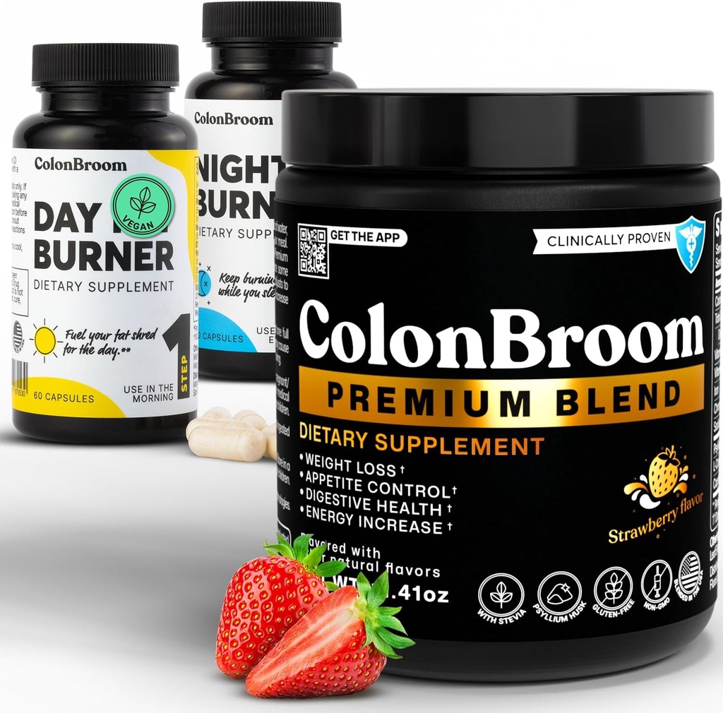 ColonBroom Premium Psyllium Husk Powder, ColonBroom Colon Cleanser Fiber 增殖救济与古特健康+日夜燃烧器增殖,重量管理药丸(60种服务),3项