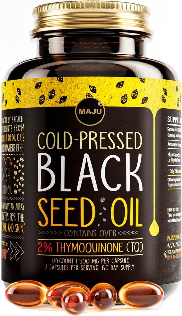 Maju Superfoods Black Seed Oil капсули, Strong Cold Pressed, 2% Thymoinin, 100% Turkish Black Cumin Nigella Sativa Seed Oil, Organic BSO, Liquid Black seed, 120 Count, 500mg на капсула