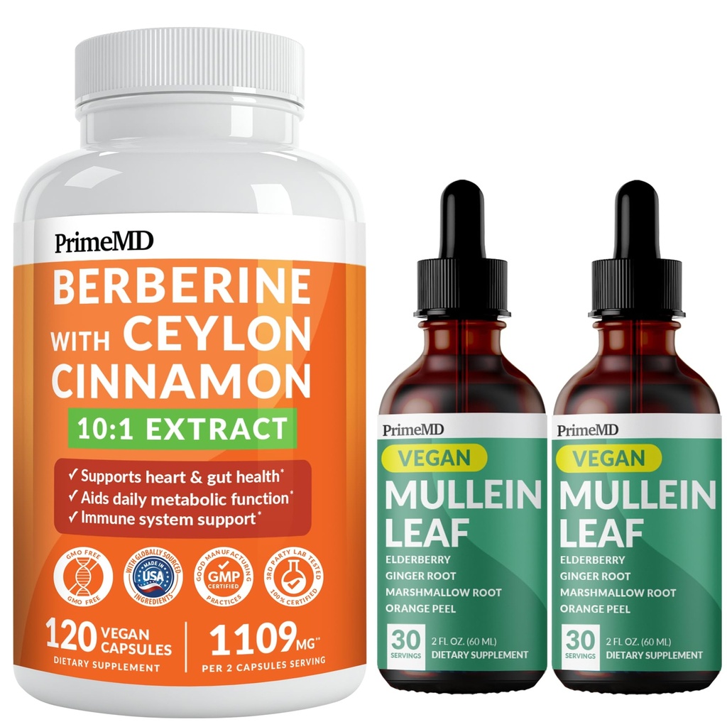 21-in-1 Berberine Supplement with Ceylon Cinnamon Chromium, Bitter Melon and Green Tea Extract (120 ct) & 5-in-1 Mullein Drops for Lungs and Respiratory Lung Health & Bronchial Support (60 Servings)