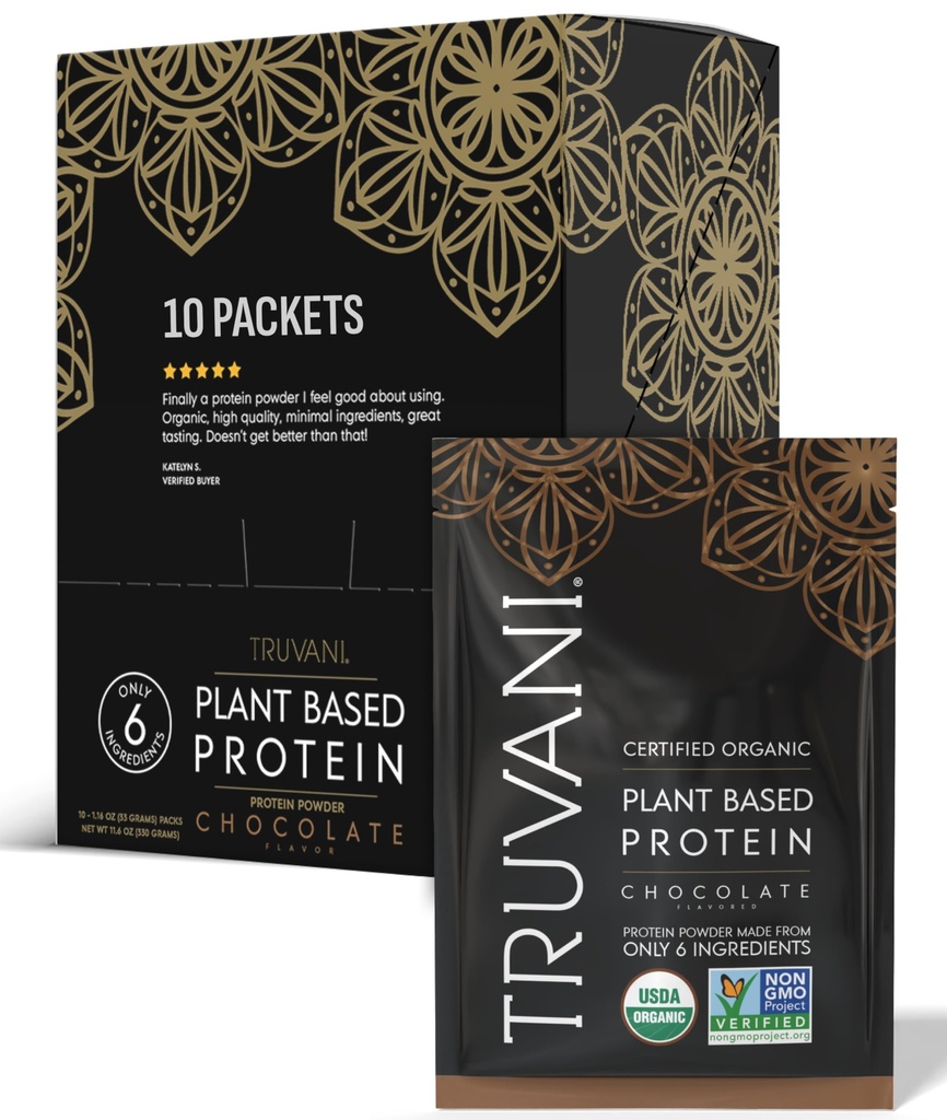 Truvani Organic Plant Based Protein Powder | Chocolate | 10 Servings | Vegan | 20g Pea Protein | Single Serving Travel Packets | Keto | Gluten & Dairy Free | Low Carb
