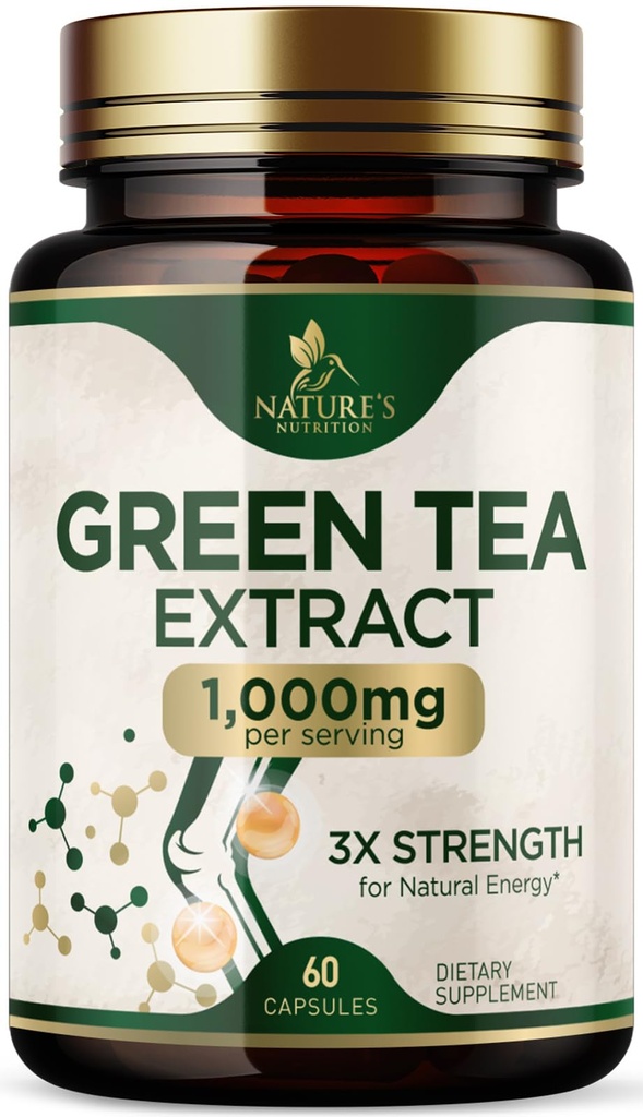Green Tea Extract 1000mg Per Serving - Standardized 45% EGCG & 98% Polyphenols - 3X Strength Green Tea Pills for Energy, Supports Heart Health, Herbal Supplement, Vegan, Bottled in USA - 60 Capsules