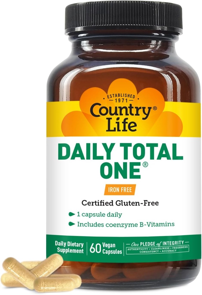 Country Life Daily celkom jeden multivitamín, bez železa raz denne Multivitamínový a multiminerálny komplex, vitamíny A, C, D, vrátane koenzýmu B-vitamíny, podporuje energetický metabolizmus, 60 Vegan kapsule