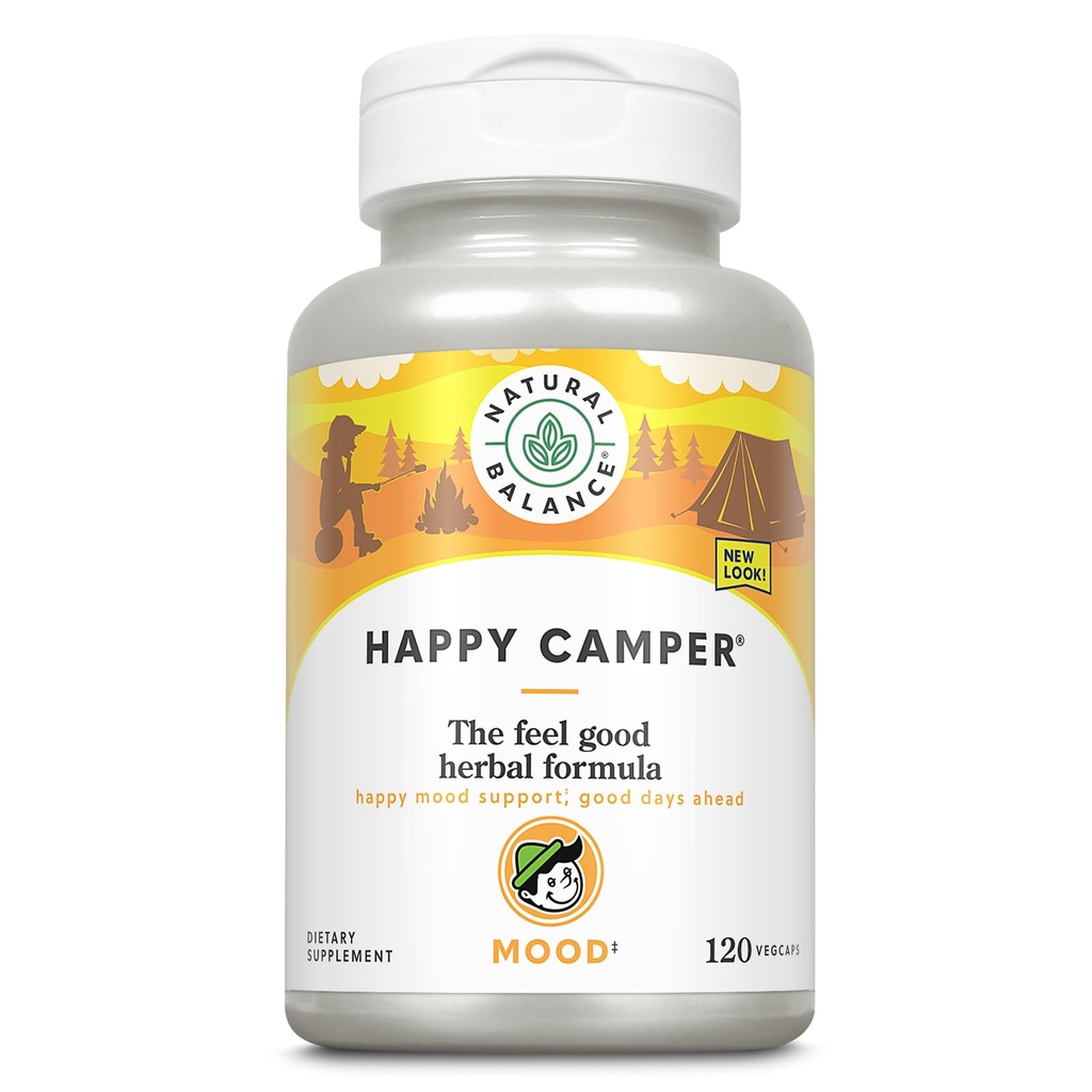 Natural Balance Happy Camper - Feel-Good Mood Support Supplement - Gotu Kola, Passion Flower, and Kava Kava Capsules - 60-Day Guarantee - 120 VegCaps, 60 Servings
