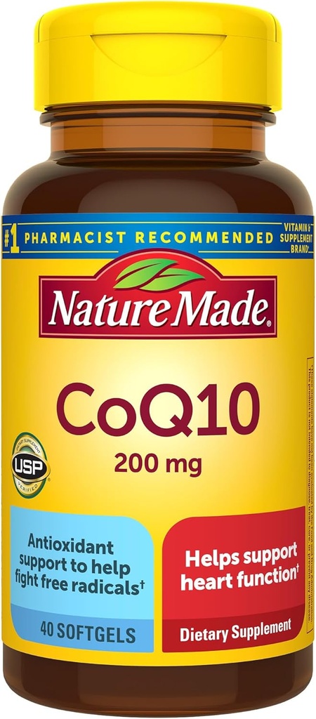 Nature Made CoQ10 200mg, Dieetsupplement voor Hartgezondheidsondersteuning, 40 Softgels, 40 Day Supply