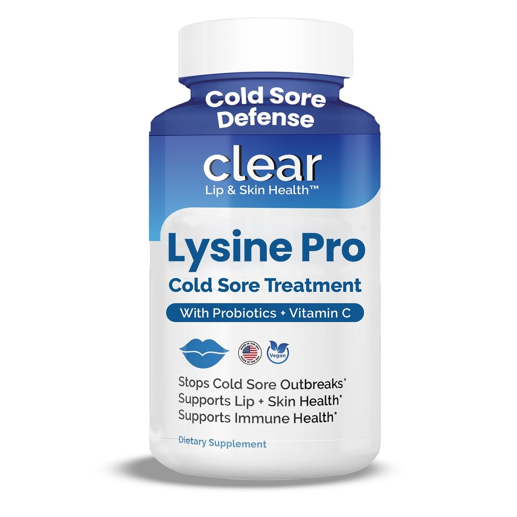 Clear Probiotics Lysine Cold Sore Treatment for Lips – with Lactobacillus Rhamnosus, Acidophilus and Vitamin C – Cold Sore Supplement for Lip & Skin Health, Immune Support & Prevention – 360 Capsules