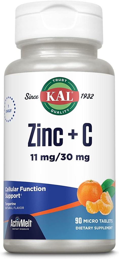 KAL Zinc Plus C, άμεση διάλυση βιταμίνης C και ψευδάργυρου, κυτταρική λειτουργία και την υποστήριξη του ανοσοποιητικού, βέλτιστη απορρόφηση, φυσική γεύση ταμπερίνης, εγγύηση επιστροφής χρημάτων 60 ημερών, 90 υπηρεσίες, 90 μικροδισκία