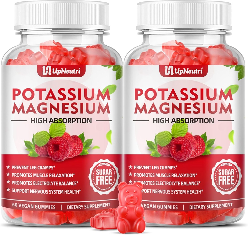 Suplemento de magnesio de potasio para nenos adultos, Gummies de potasio sen azucre soporta cangrexos de perna e saúde muscular e inmune, Gummies de magnesio de alta absorción Raspberry Flavor 120 Cts