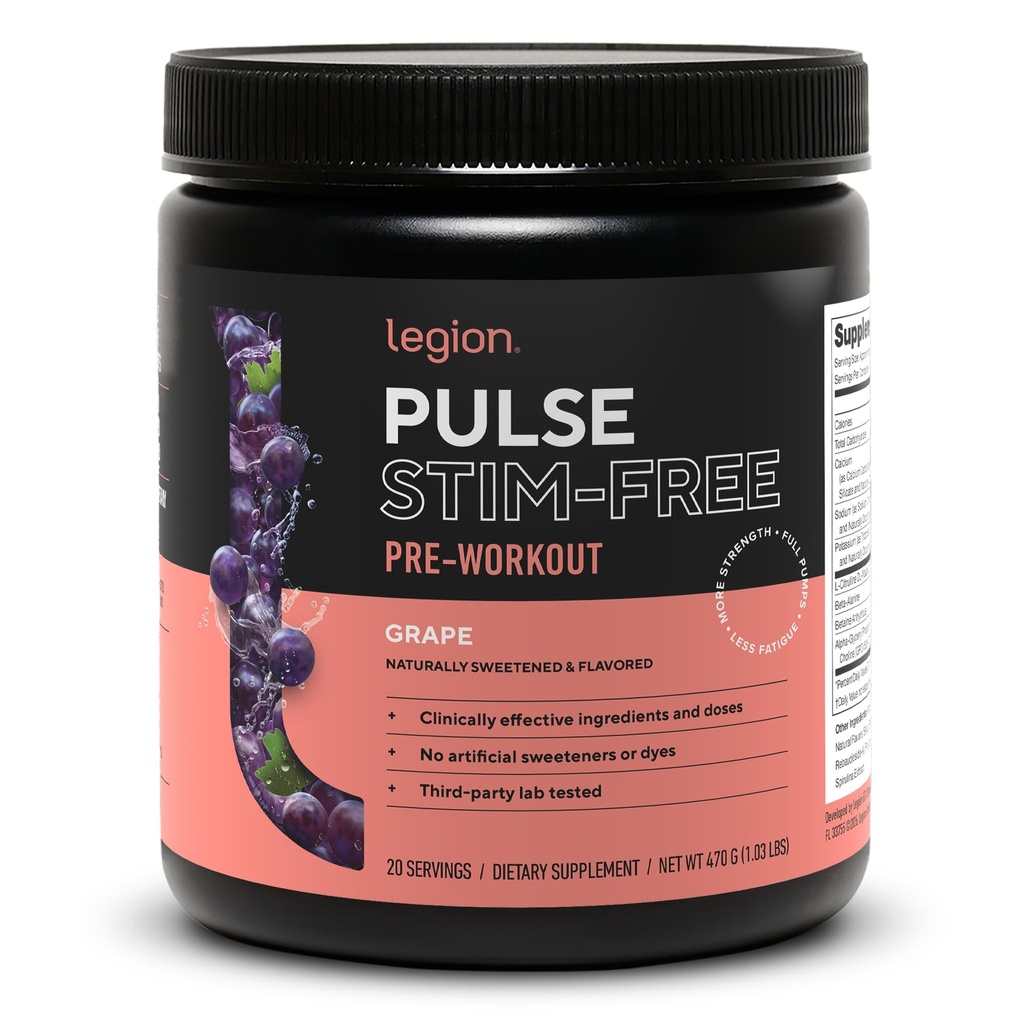 LEGION Pulse Pre Workout Supplement - All Natural Nitric Oxide Preworkout Drink to Boost Energy, Creatine Free, Naturally Sweetened, Beta Alanine, Citrulline, Alpha GPC (Caffeine Free Grape)