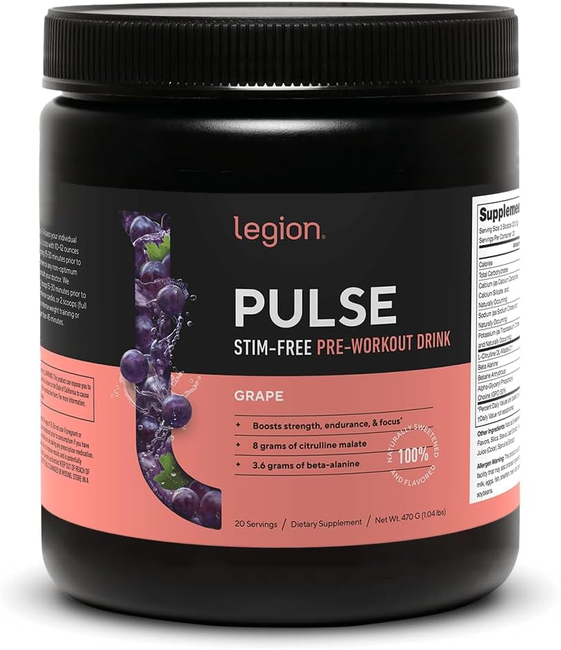 LEGION Pulse Pre Workout Supplement - Alle natuurlijke Nitrik Oxidatie Voorworkout Drink om energie te stimuleren, Createïnevrij, natuurlijk gezoet, Beta Alanine, Citrulline, Alpha GPC (Cafeïnevrije druiven)